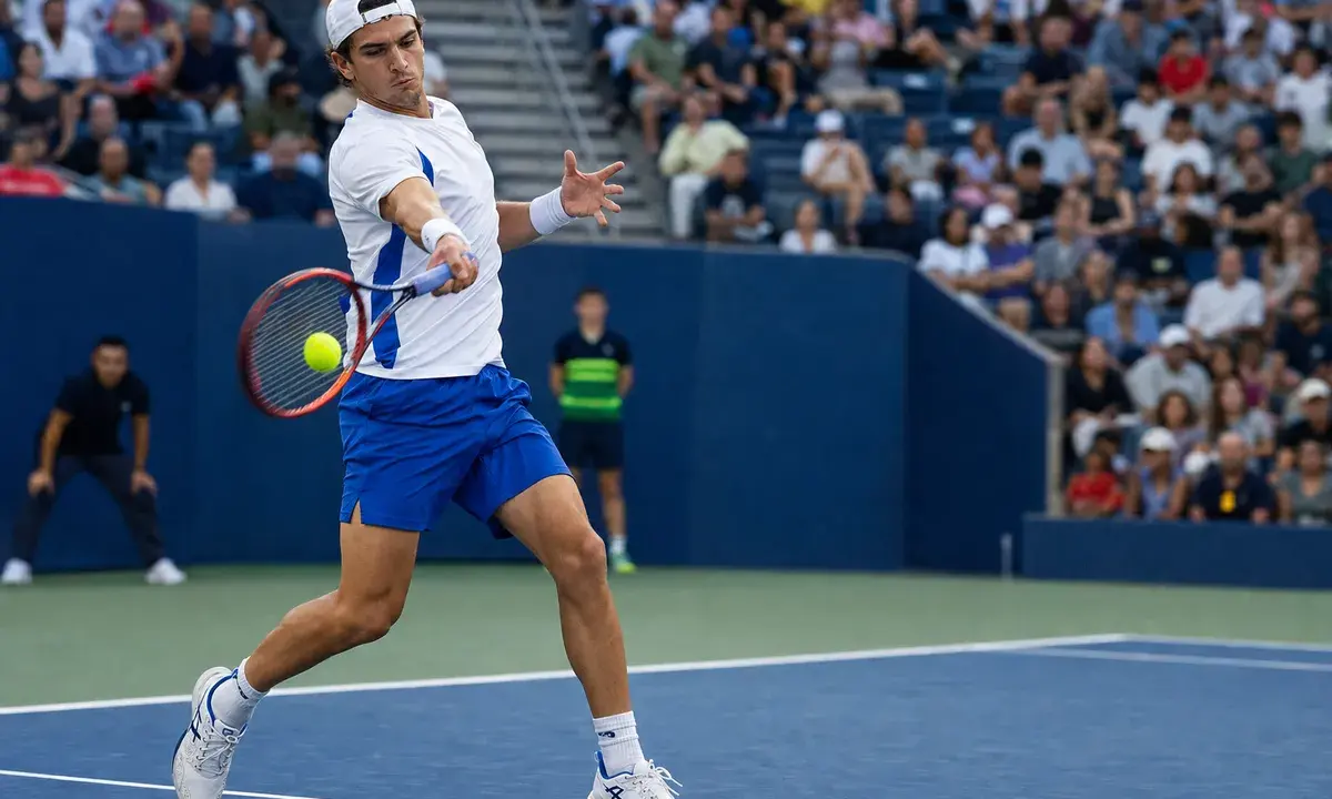 Tennista in maglia bianca e pantaloncini blu colpisce un diritto su un campo in cemento, con pubblico sugli spalti