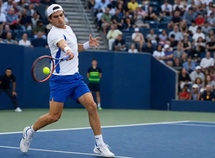 Tennista in maglia bianca e pantaloncini blu colpisce un diritto su un campo in cemento, con pubblico sugli spalti