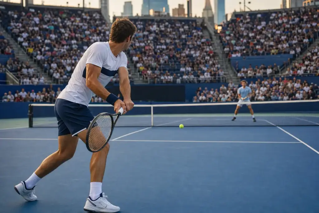 Tennista in maglia bianca e blu prepara un rovescio su campo in cemento blu, con avversario sullo sfondo e stadio pieno