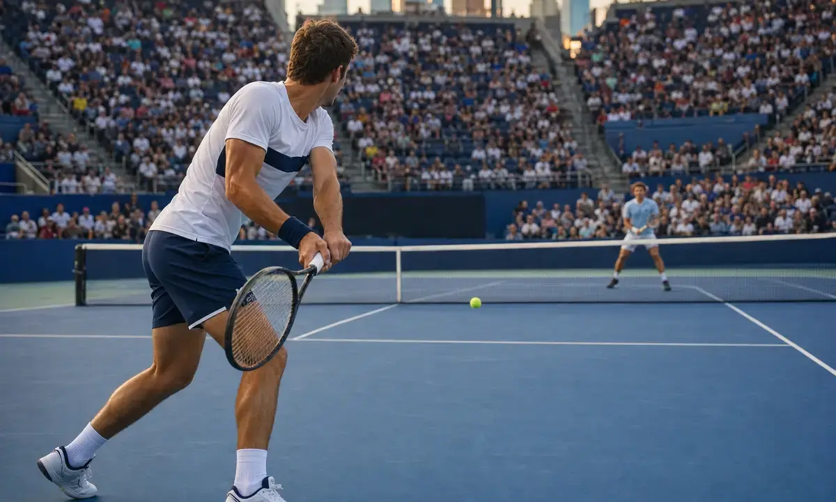 Tennista in maglia bianca e blu prepara un rovescio su campo in cemento blu, con avversario sullo sfondo e stadio pieno