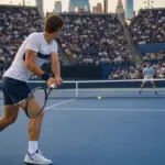 Tennista in maglia bianca e blu prepara un rovescio su campo in cemento blu, con avversario sullo sfondo e stadio pieno