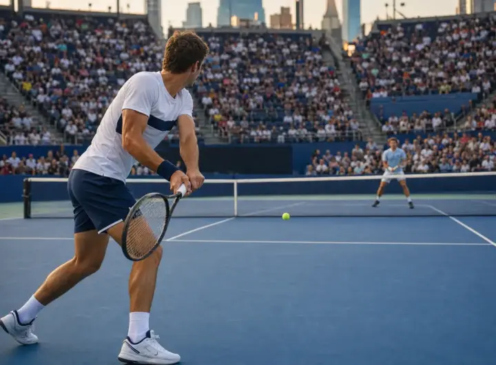 Tennista in maglia bianca e blu prepara un rovescio su campo in cemento blu, con avversario sullo sfondo e stadio pieno