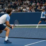 Due tennisti in doppio su un campo in cemento blu, uno vicino alla rete e l’altro al fondo durante uno scambio