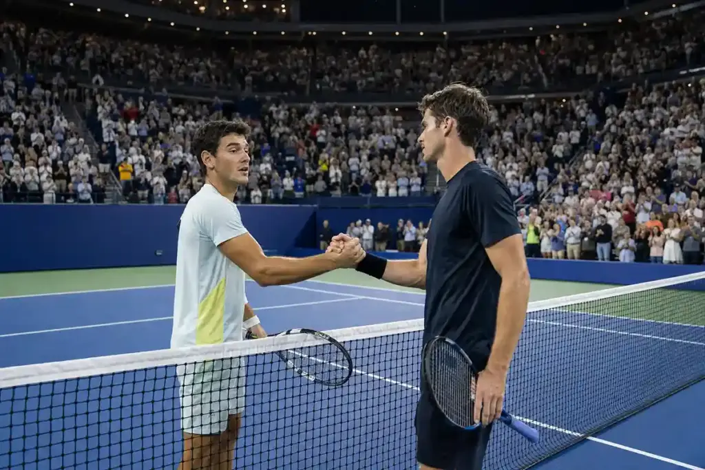 Due tennisti si stringono la mano a rete su un campo in cemento, con lo stadio pieno sullo sfondo