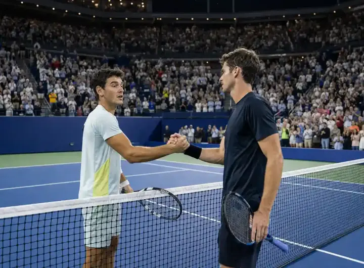 Due tennisti si stringono la mano a rete su un campo in cemento, con lo stadio pieno sullo sfondo